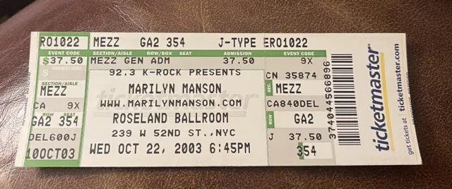 Marilyn Manson/S.t.u.n. Rare Unused Concert Ticket New York, Ny 10/22/2003