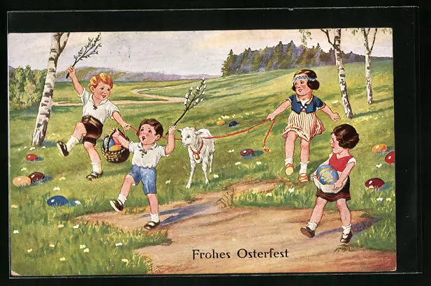 Künstler-AK Ostergrüße mit spielenden Kindern und Osterlamm