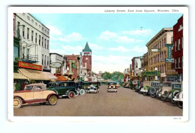 Postcard c1940~ Wooster Ohio ~ View of Liberty Street ~ Ice Cream & Hotel Signs