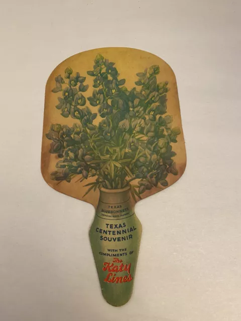 Paper fan - Flower Vase- Texas Katy Lines Railroad Texas Centennial souvenir fan