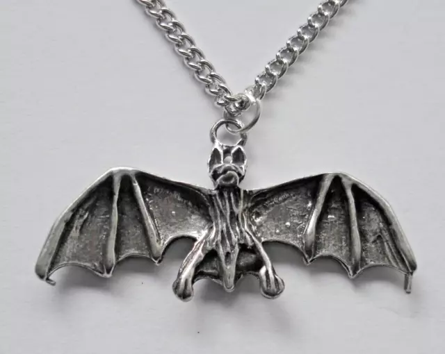 Chain Necklace #2445 Pewter BAT x (33mm x 12mm) GOTH silver tone pendant