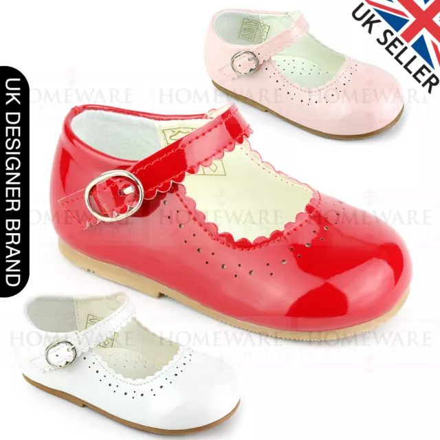 Baby Girls Spanish Style Shiny Patent Shoes Mary Jane Designer Pink White Uk 3-8