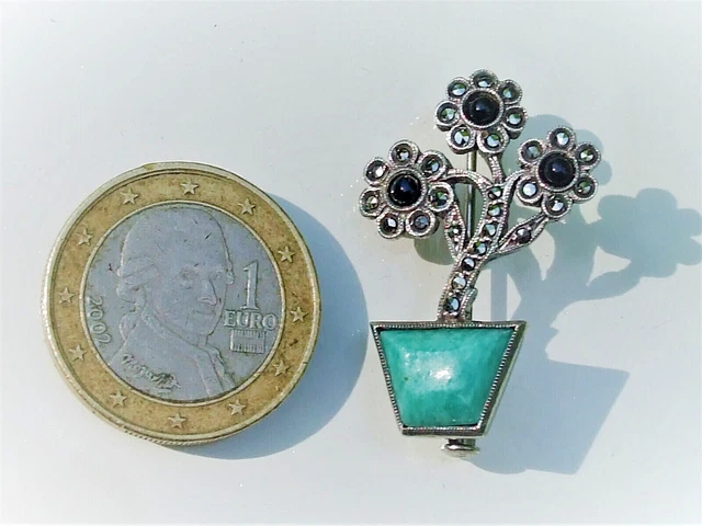 Broche Ancienne Art Déco Panier Fleuri En Argent Rhodié Avec Amazonite - Occasion, Bon état