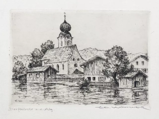Truchtlaching Alz Kirche Seeon-Seebruck Radierung / Eduard Winkler 1884-1978