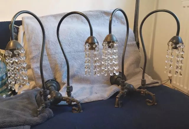 Pair Antique French Brass Converted Gas Large Wall Lights, Swan Neck, Crystal's