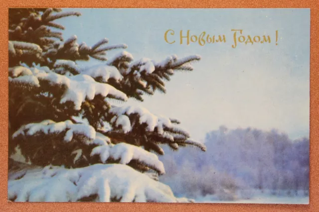 NEW YEAR Winter forest in snow. Blue frost. Russian unused postcard 1970🎄