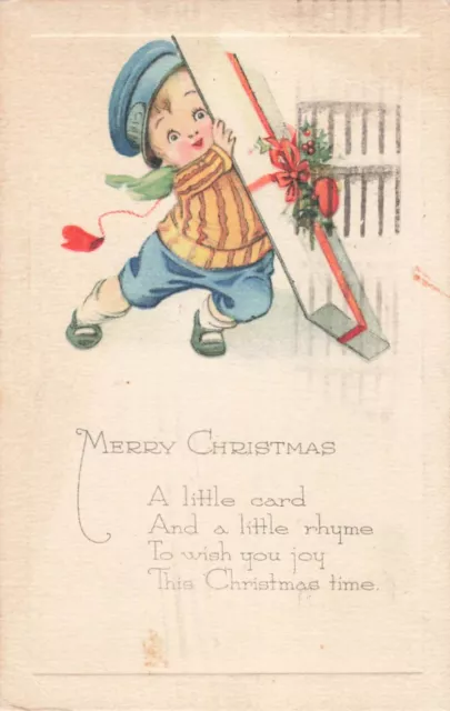Postcard 1921 Merry Christmas Child with Big Gift, Gibson Lines VTG VPC02.