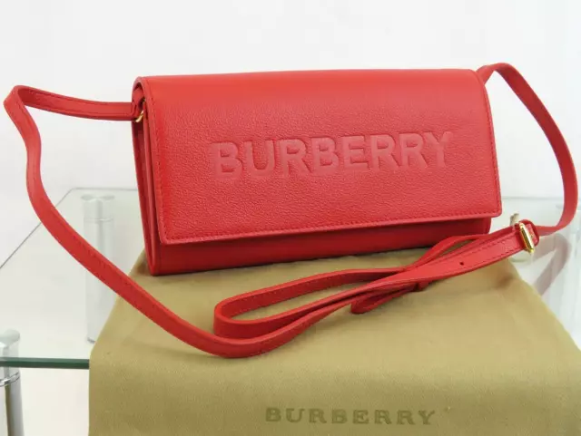 $970 Burberry Henley Red Logo Embossed Leather Flap Crossbody Strap Clutch Bag