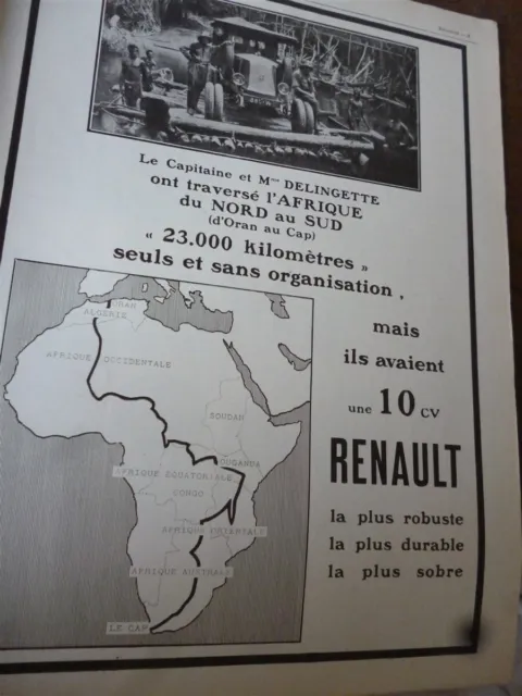 RENAULT 10 CV DELINGETTE AFRIQUE 19 publicité papier ILLUSTRATION 1925 col