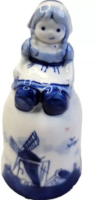 Delft Blue Hand Painted Dutch Girl and Windmill Bell Vintage