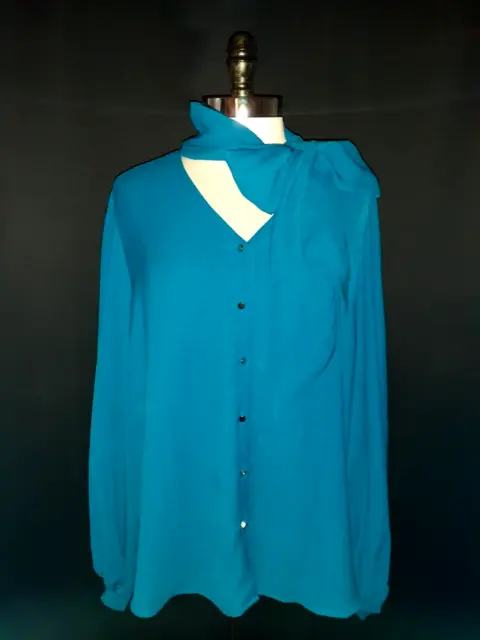 CHICO'S Size 3 16 18 XL Blouse Shirt Top Teal Blue Long Sleeve Neck Bow