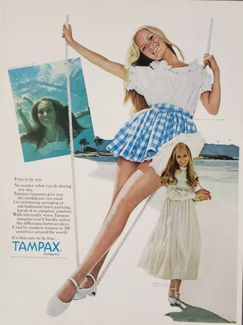 1969 Tampax Tampons Woman On Rope Swing Woman Swimming Vintage Print Ad