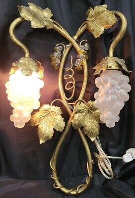 Antique Art Deco Gold Gilded Bronze Grapes Vines Wall Sconce W/Grape Shade...