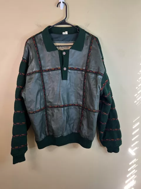 VINTAGE VILANTO LEATHER Wear Mens M SWEATER Green Pullover Lined ...