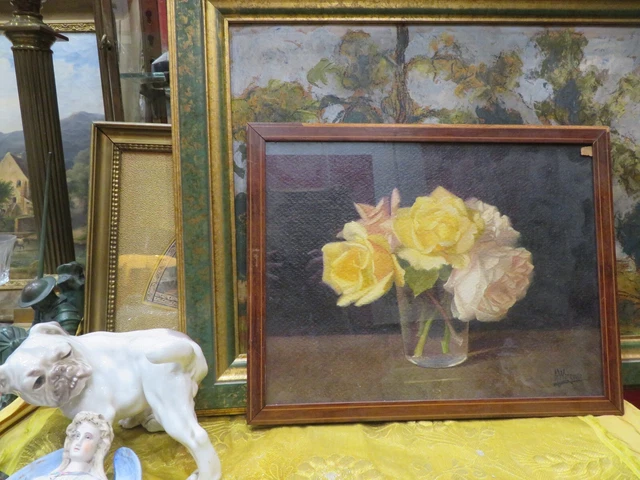 Tableau ancien aquarelle nature morte fleurs signé fin XIXème