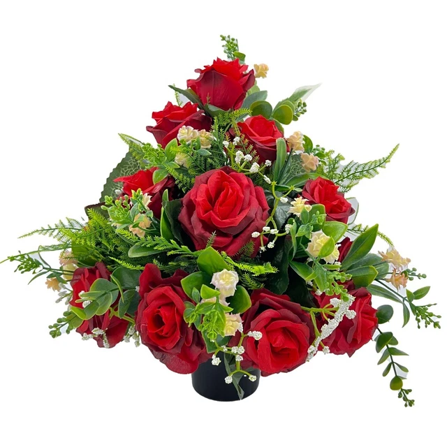 Aderyn Red Rose Artificial Grave Flower Cemetery Memorial Arrangement Pot