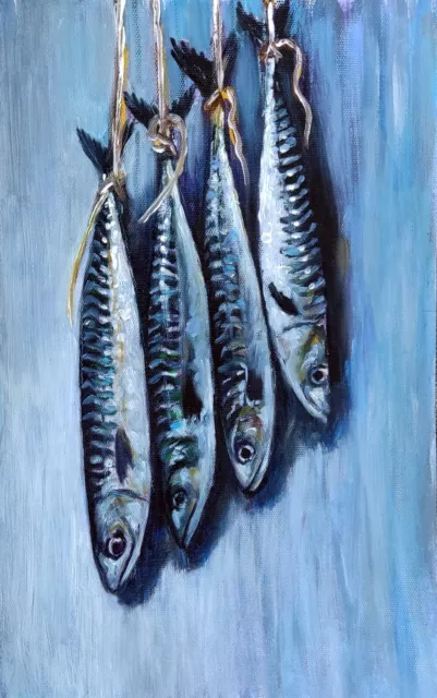Mackerel Artwork Food Wall Art Fish Art Kitchen Original Hand Oil Fish Paintings