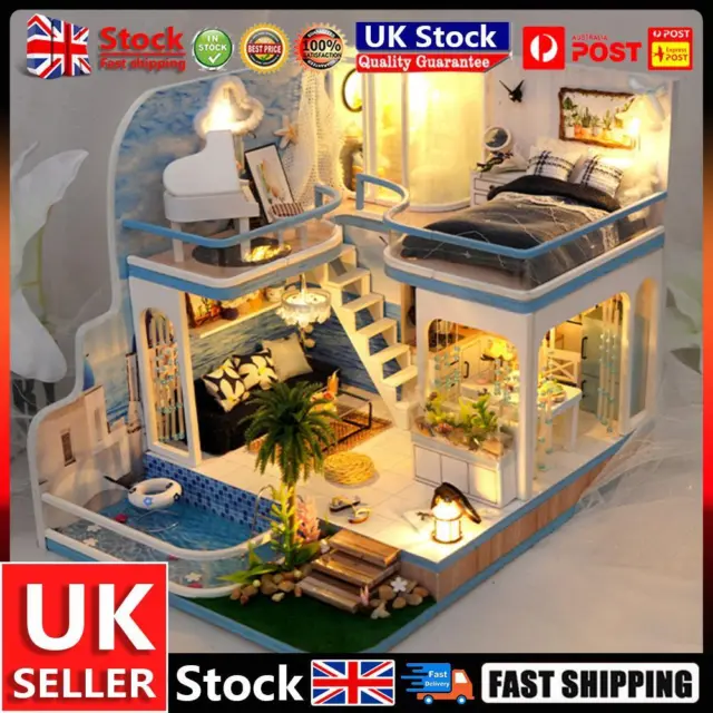 Wooden DIY Doll House with Dust Cover/Light/Accessories Gift for Boys Girls UK