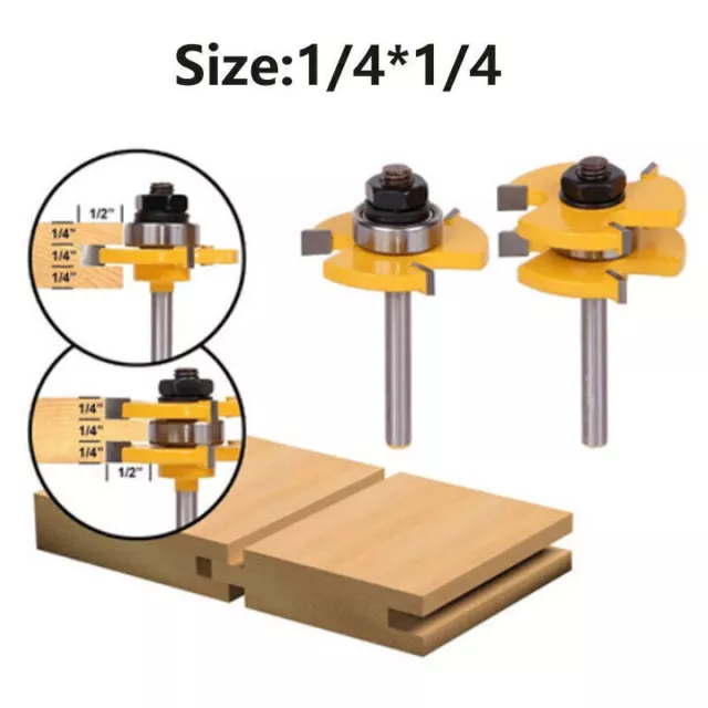 2Pcs Tongue and Groove Router Bits- 3-Tooth Shape Milling -1/2" 1/4" Shank 3