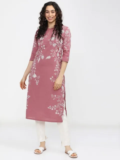 Indian Women Pink Floral Printed Keyhole Neck Cotton Kurta Kurti Top Tunic Dress