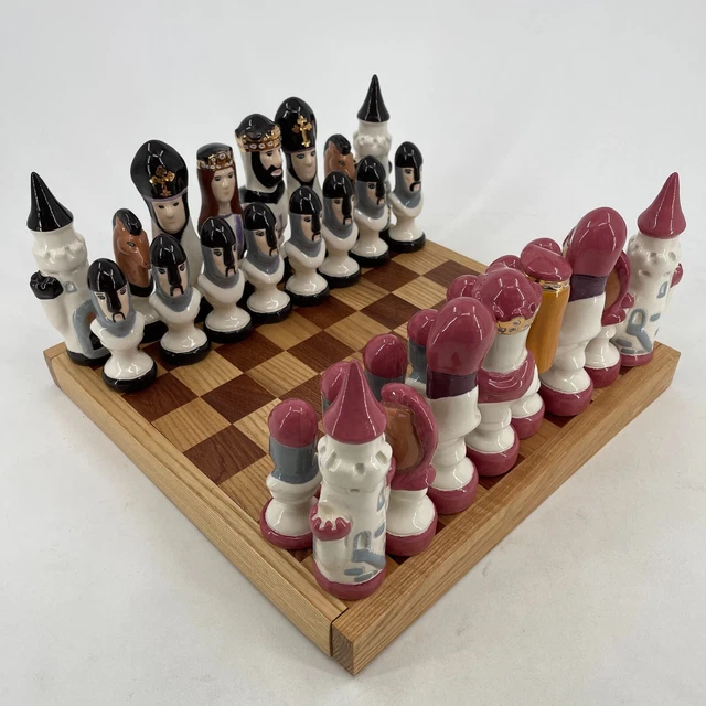 Chess Set Hand Crafted Player Pieces Large One of a Kind Shiny Porcelain Ceramic