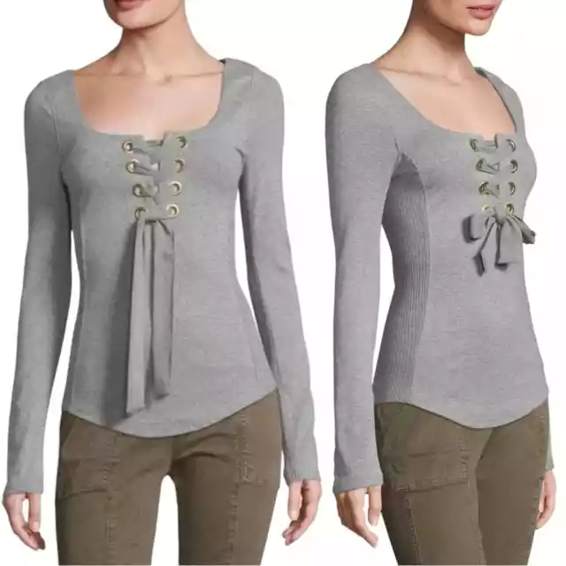 Free People Looking Back Lace-Up Top Size Large Grey Silver Ribbon Bow