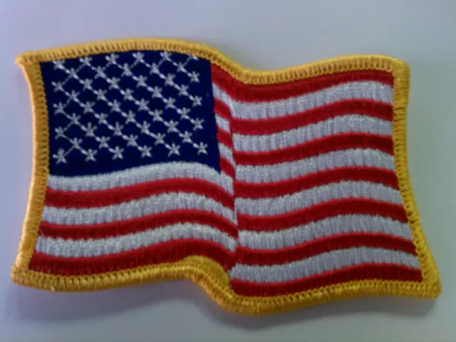 Embroidered Patch - Waving American Flag - Iron On - Gold Border - USA US U.S.