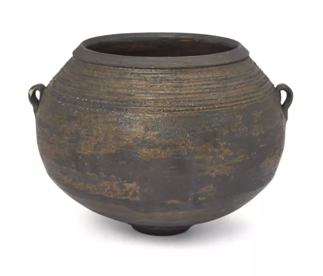 Jason Wason (b.1946) Studio pottery dark bronzed vessel with lugs and incised b