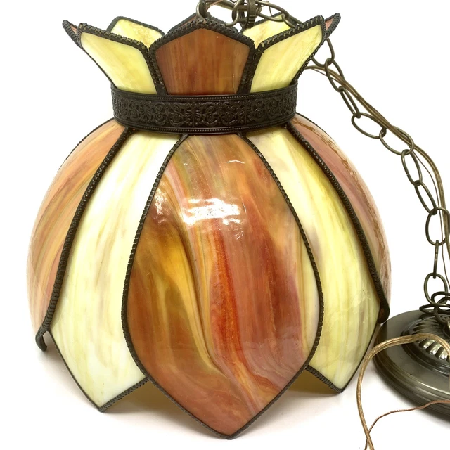 Vintage 10 Panel Slag Stained Glass Hanging Swag Pendant Flower Lamp Light Tulip