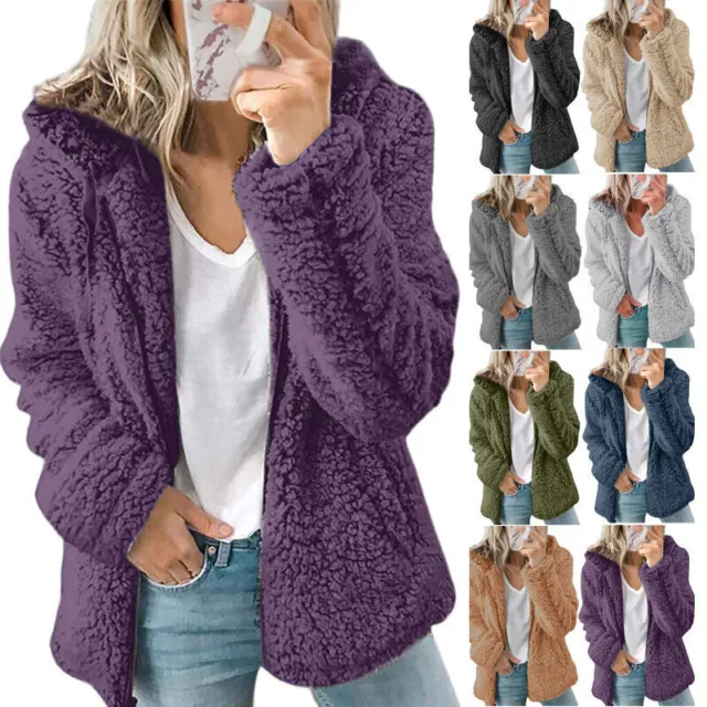 Womens Teddy Bear Fleece Fluffy Hooded Coat Ladies Hoodies Jacket Zip Up Outwear