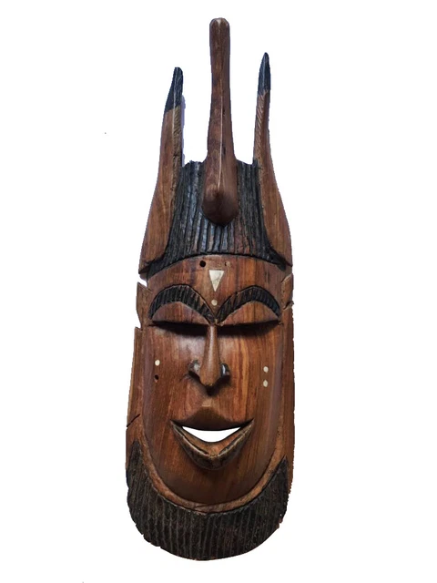 OLD TRIBAL AFRICAN CARVED Craft Horns LOOK HAND WOOD HALLOWEEN MASK WALL HANGING