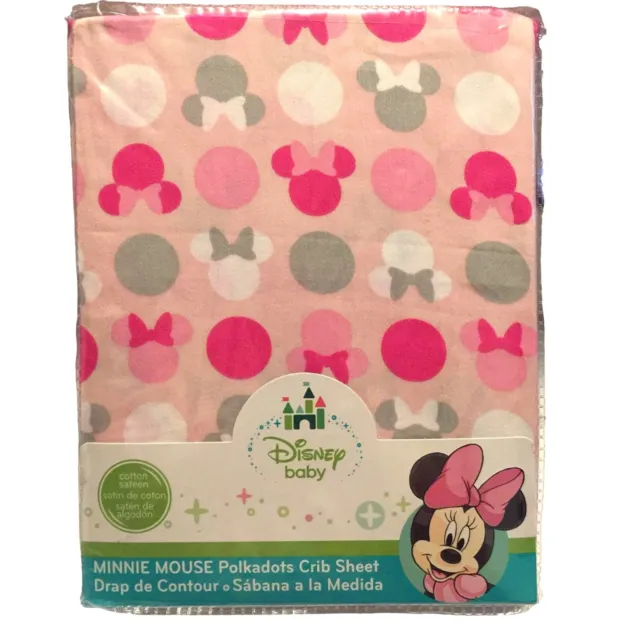 Disney Baby Minnie Mouse Pink Polka Dots Crib Sheet Cotton Sateen Pink White Gra