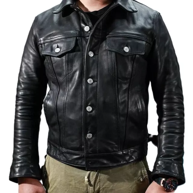 Men's Soft Leather Trucker Jacket American Western Denim Button Style Black Coat