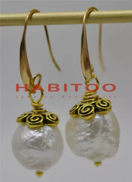 12x12mm White Baroque Pearl Earrings 18k Ear Drop Hook Hoop earrings