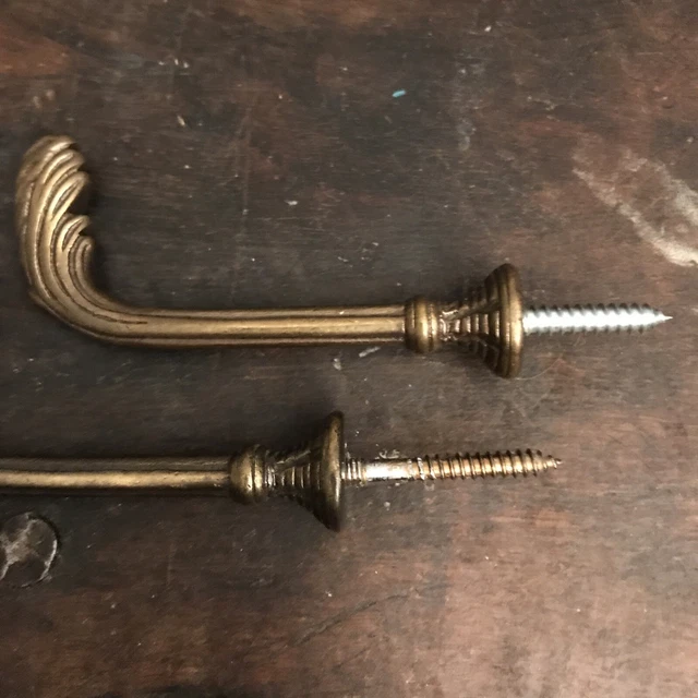 Vintage PAIR French Antique Brass Drapery Curtain Holdback Towel Hook Leaf Gold 3
