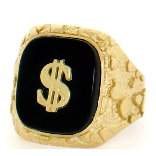 Solid Nugget Dollar Mens Ring in 10K Yellow Gold Over with Black Enamel Sz: 8-17