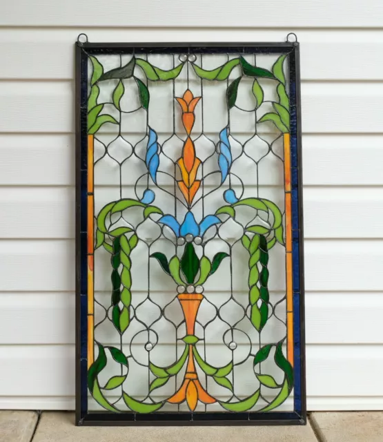 Handcrafted Jeweled stained glass window panel. 21"W x 35.25"H