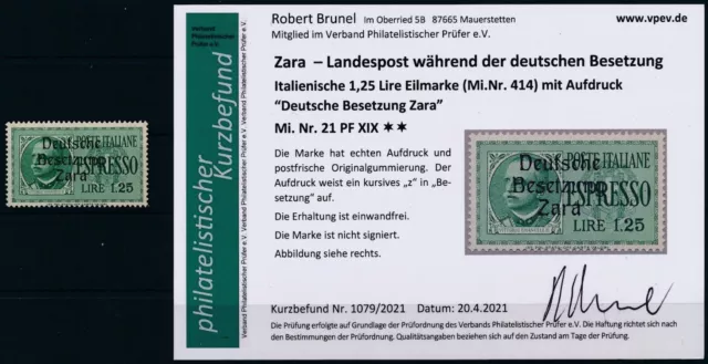 Dt. Besetzung Zara 1943 Eilmarke 1.25 Lire Plattenfehler Mi 21 PF XIX Fotobefund