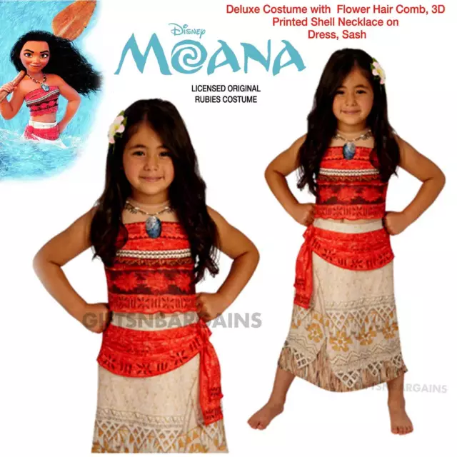 Moana Girls Costume Disney Deluxe Printed Dress Flower Hair Comb Island Licensed