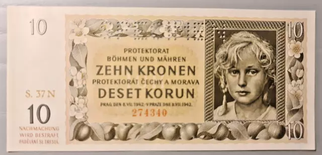 Bohemia & Moravia 10 Korun 1942 P-8s UNC Specimen Czechoslovakia Bohmen & Mahren