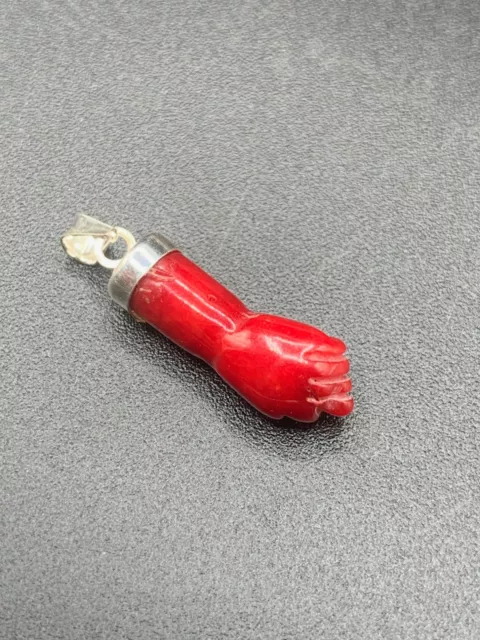 Figa Hand Pendant Carved Coral Red Dyed Bamboo Coral Brazilian Good Luck Charm