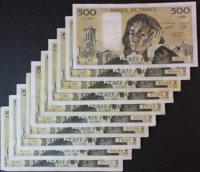 France - Francia - Lot de 10 Billets de 500 Francs "Pascal" Réf F13