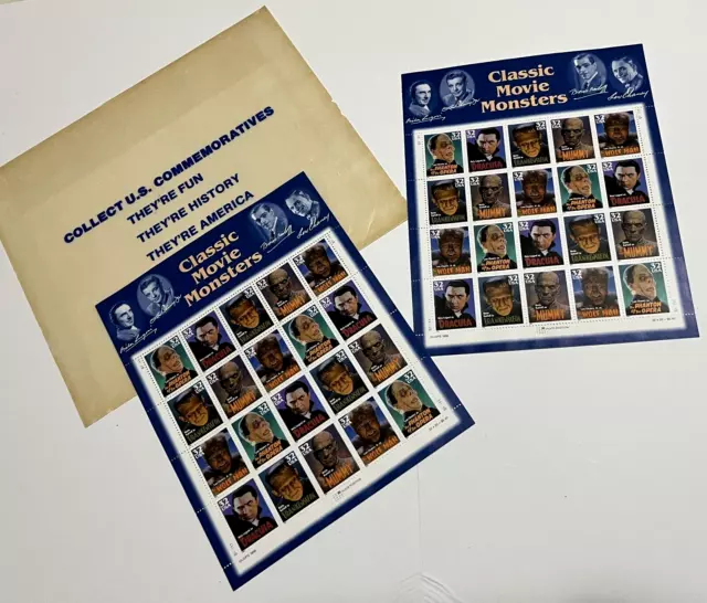 CLASSIC MOVIE MONSTERS 32 Cent Sheet of 20 Postage Stamps UNUSED {2 Sheets}