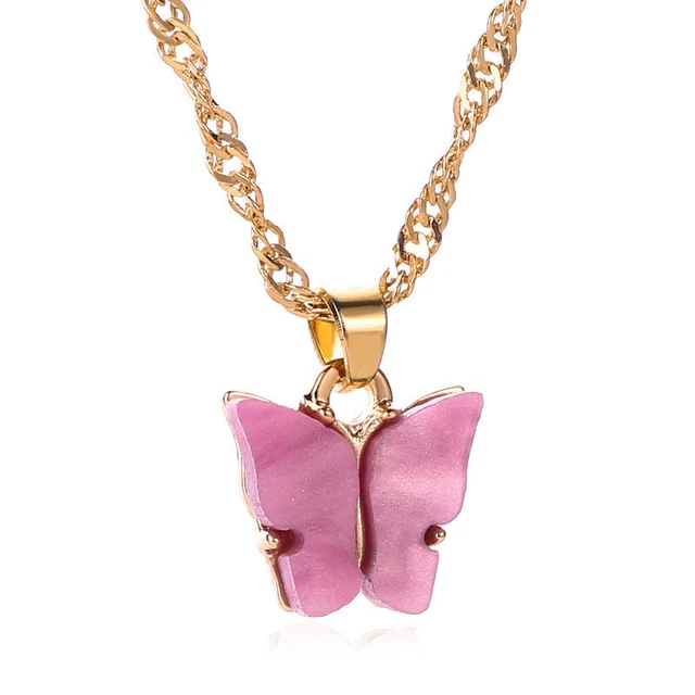 Gold Cute Butterfly Rose Red Pendant Necklace Statement Jewelry Party Gifts