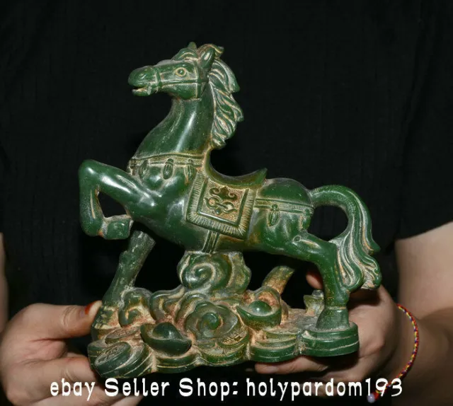 6.8" Old Chinese Green Jade Carving Fengshui Zodiac Year Horse Wealth Statue