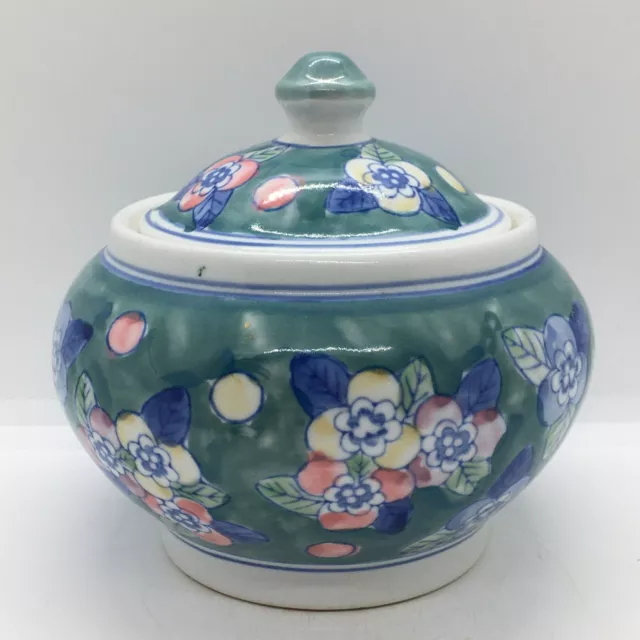 Green Blue Floral flowery lidded Ginger Jar Vase Decor Oriental Style Ornament