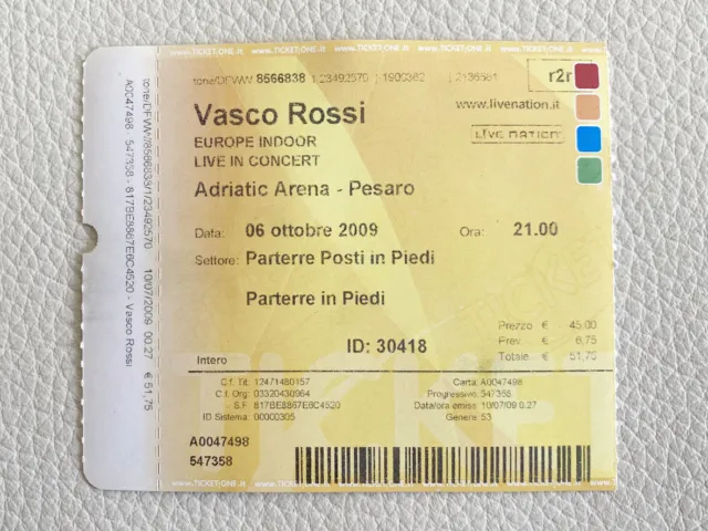 Biglietto Concerto Vasco Rossi Europe Indoor 2009 Pesaro - Usato