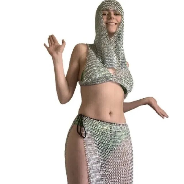 Aluminum Chainmail Silver Bra,Skirt and Coif, Hot Intimate Costume for sexy  Girl