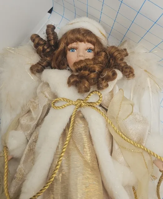 Vtg Porcelain Doll gold white dress unbranded angel xmas father wings