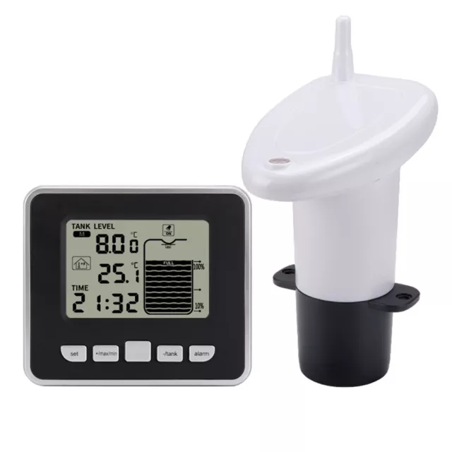 FT002 Ultrasonic Water Tank Liquid Level Meter Temperature Clock Gauge w/ Alarm